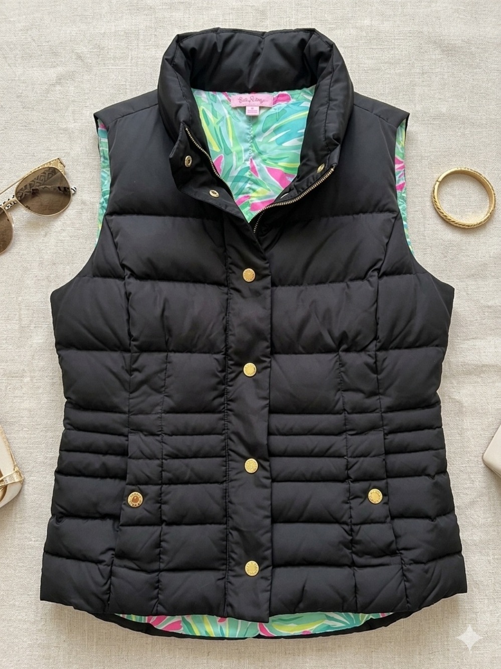 Lilly Pulitzer Black Down Puffer Vest with Tropical Lining NWOT